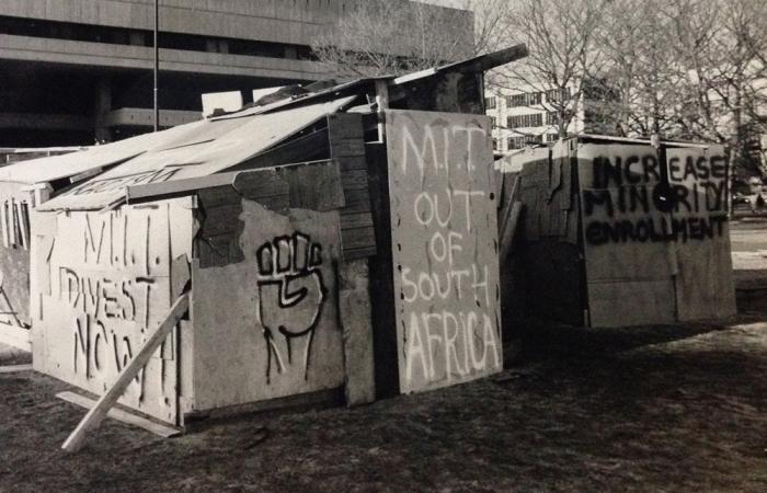 Shantytown built in protest by Coalition Against Apartheid, 1987