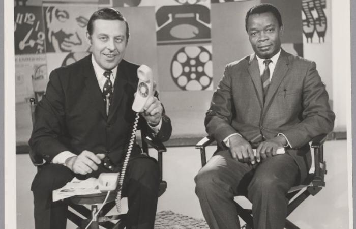 Udo Ukweni Udo with Ed Miller on set of "Dialing for Dollars" TV show, ca. 1968