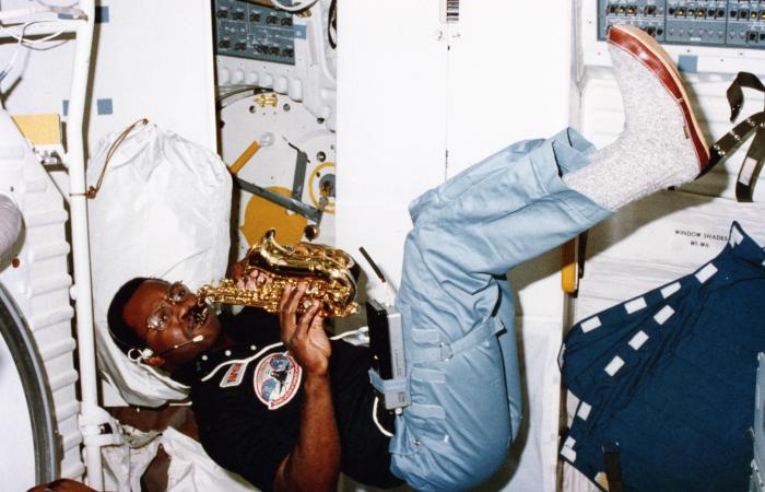 Ron McNair playing sax in space, 1984