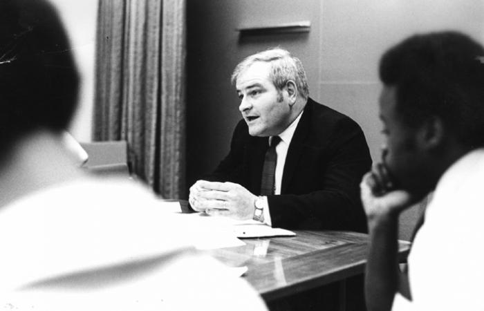 Paul Gray and students at a Task Force meeting, 1971