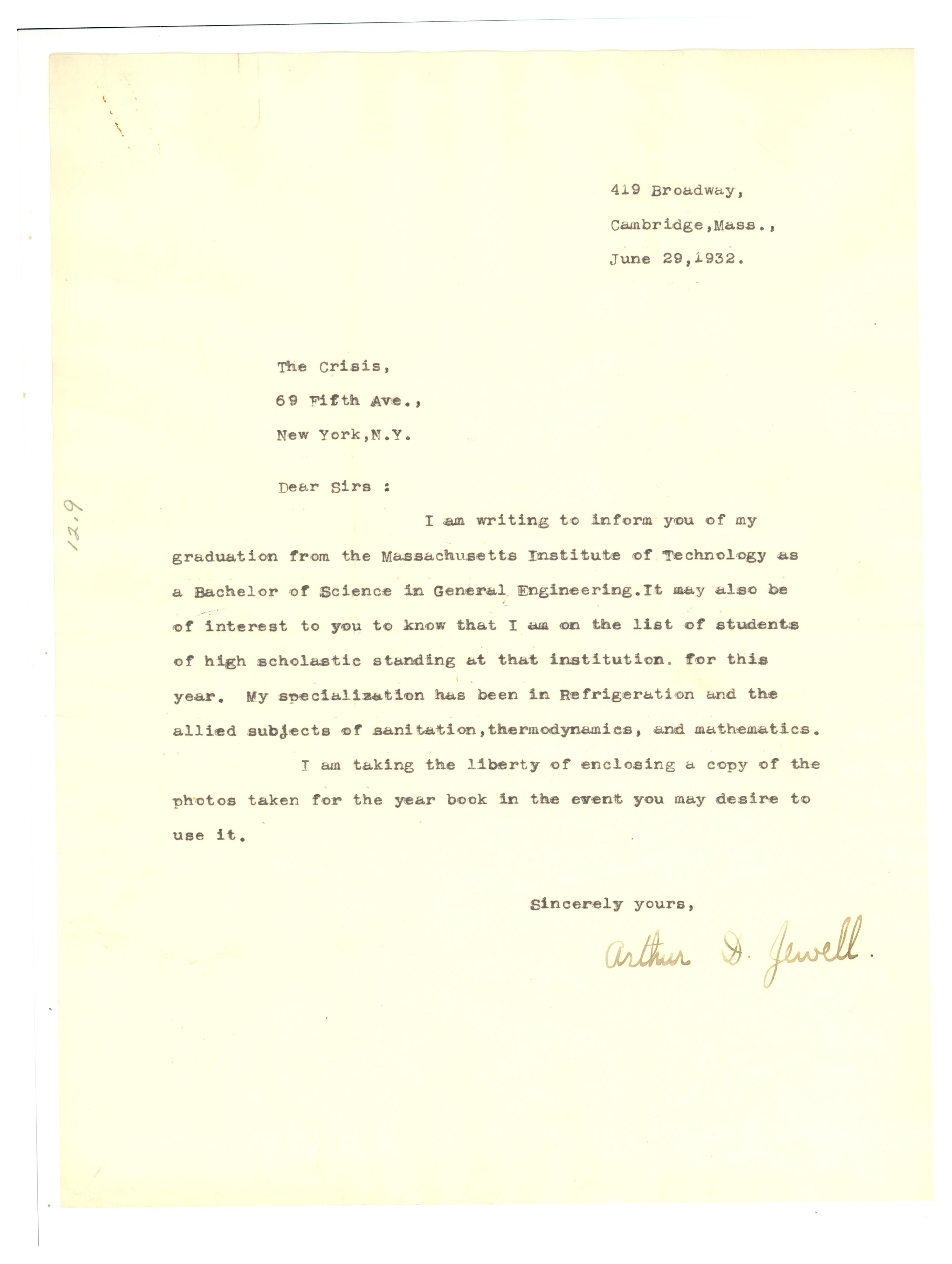 Letter from Arthur D. Jewell to The Crisis, 1932