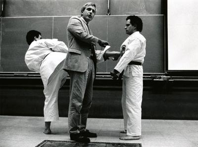 Michael Feld and sons in a physics-karate demo, 1991